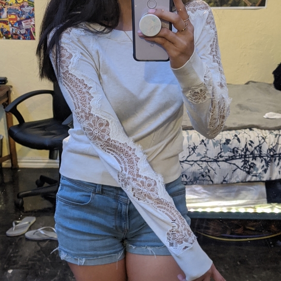 LOFT Lace Sleeve White Sweater - Picture 3 of 4
